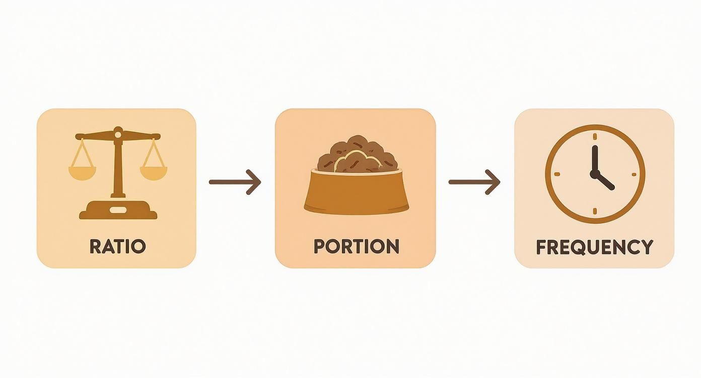 Diagram showing pet food feeding guidelines: ratio, portion size, and frequency with icons