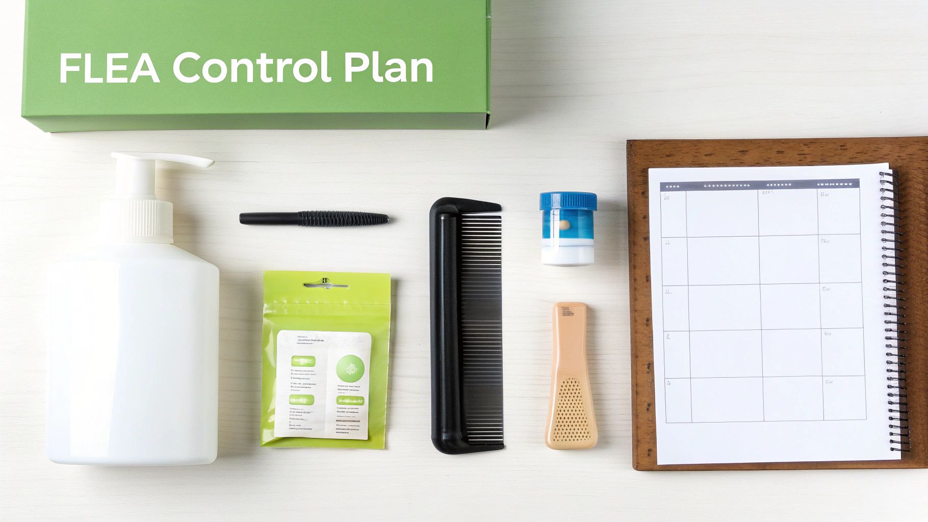 A flat lay shows a flea control plan box, shampoo, combs, medicine, and a calendar.