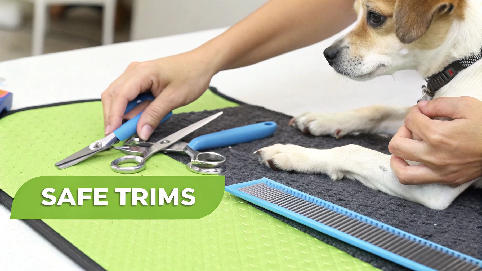A person prepares to groom a small dog with scissors and a comb on a grey and green mat.