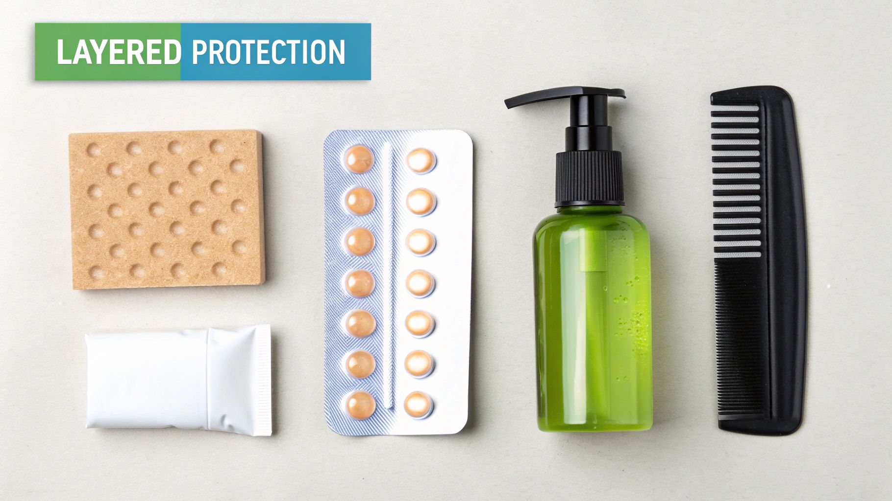 Layered protection products including soap bar, medication pills, green pump bottle, and black comb