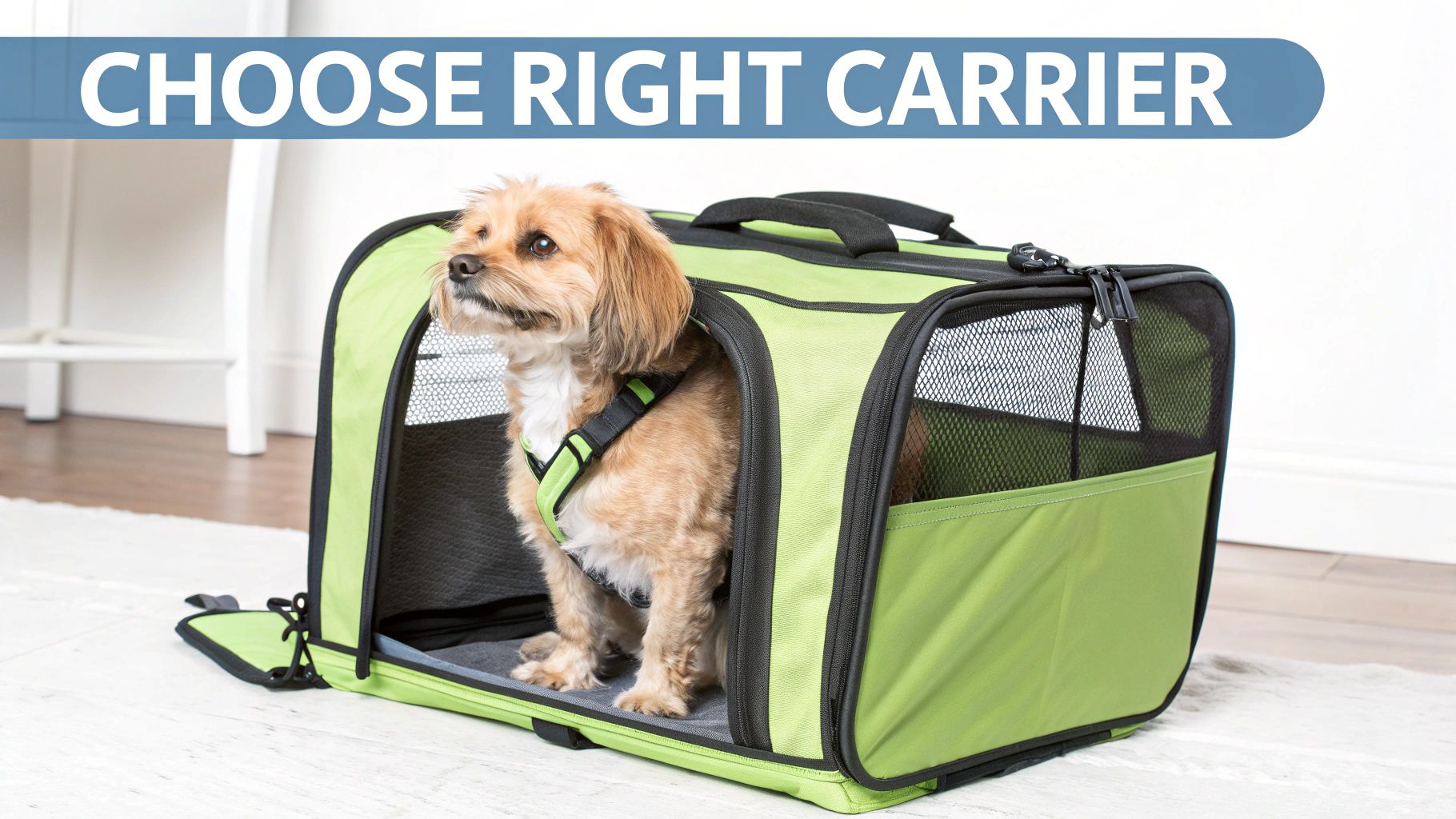 A small dog with a harness sits comfortably inside an open green soft-sided pet carrier.