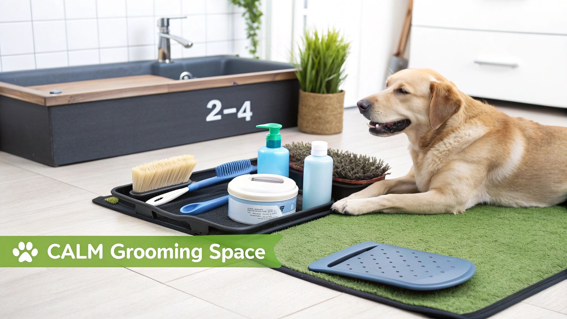 A calm golden retriever dog rests on a green mat with pet grooming tools nearby.