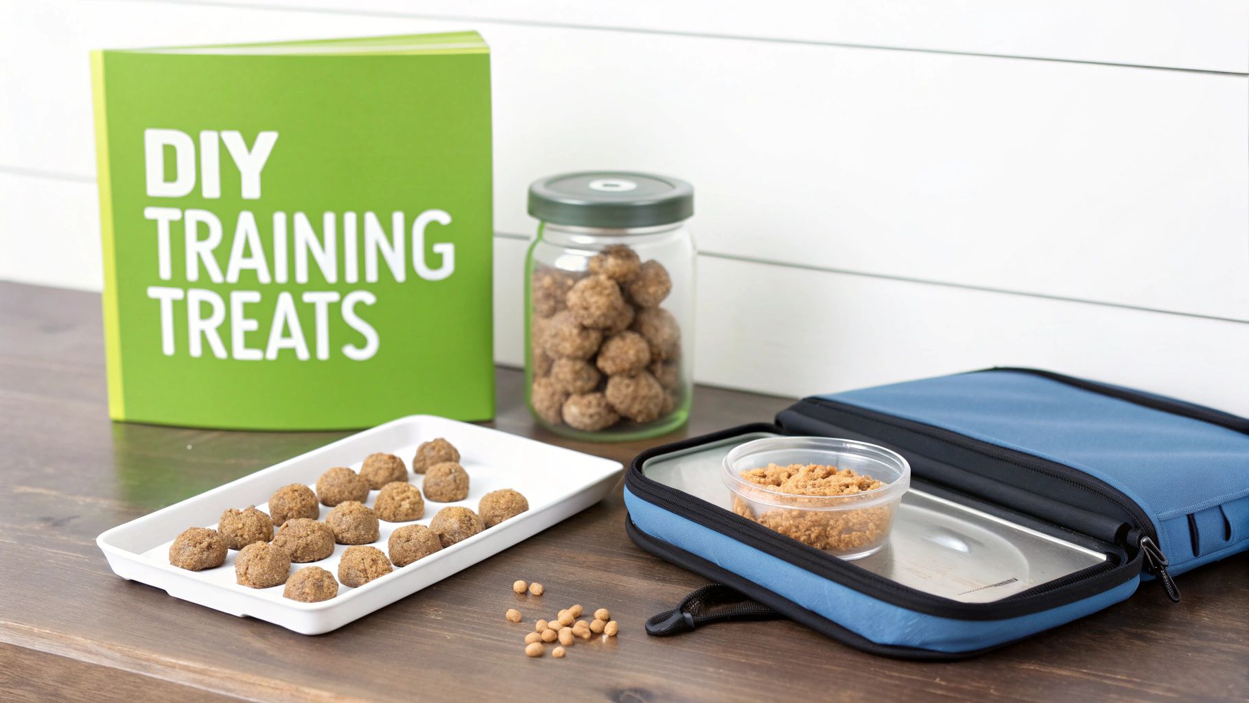 Homemade dog training treats displayed in a jar, on a tray, and in a travel container.