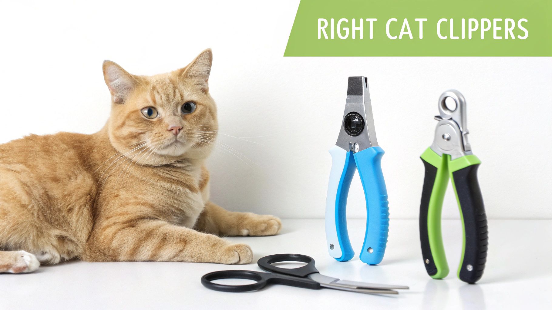 An orange tabby cat observes two types of cat nail clippers and small scissors on a white surface.