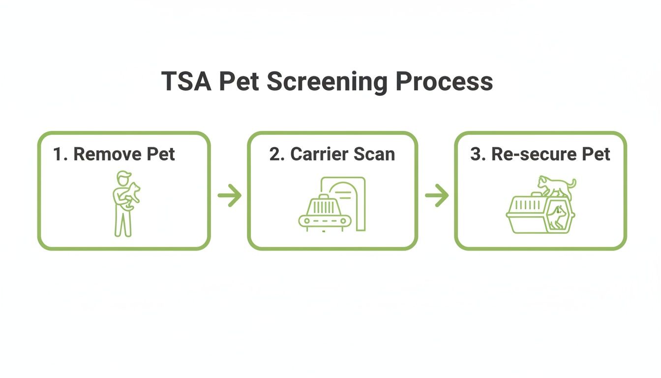 Diagram illustrating the TSA pet screening process: remove pet, carrier scan, and re-secure pet steps.