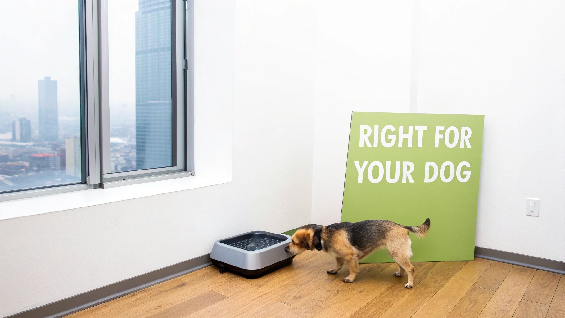 A small dog sniffs a grey pet litter box near a window with a city view and a green sign.
