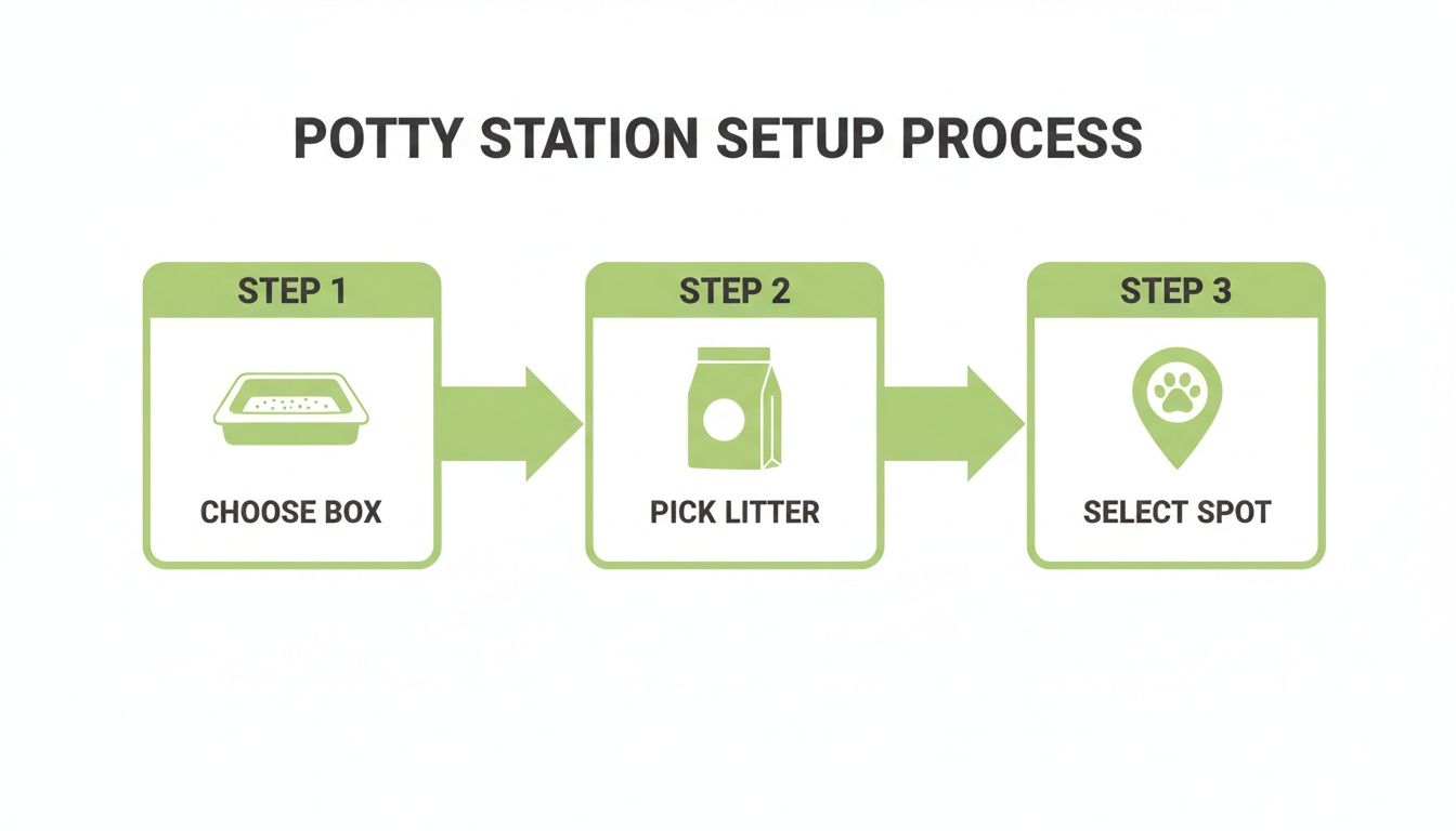 Infographic showing a 3-step potty station setup process for pets: choose box, pick litter, select spot.
