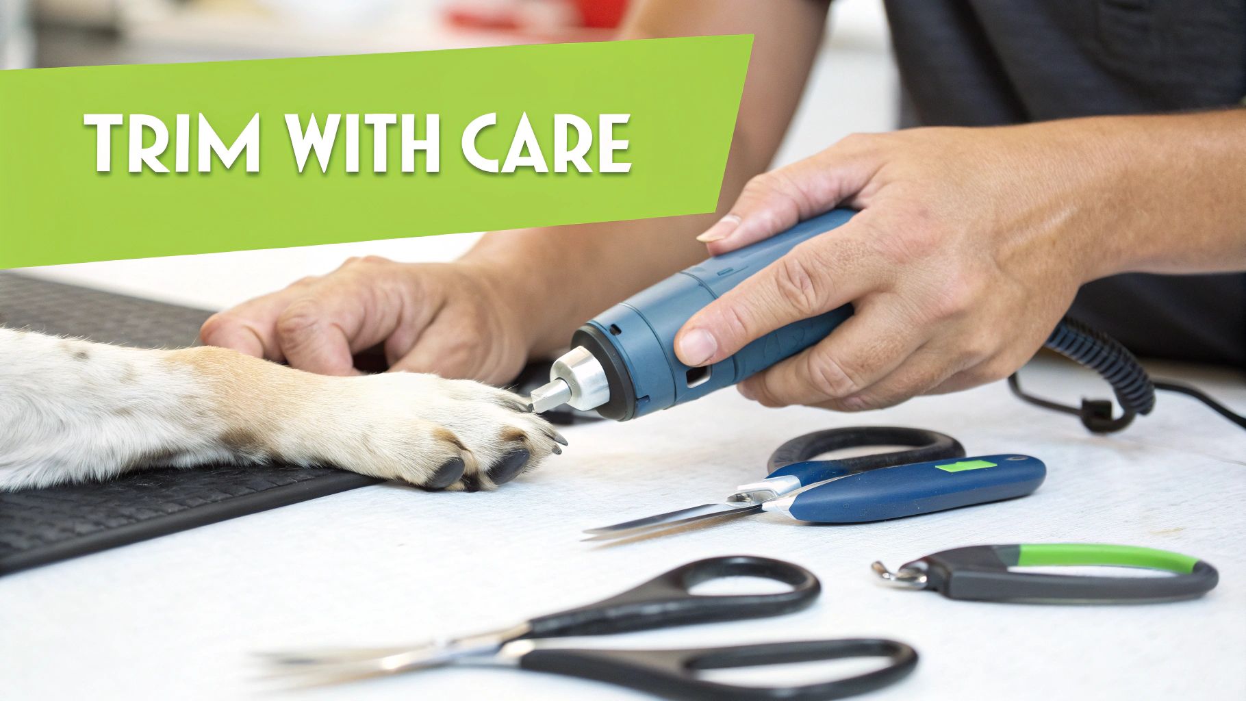 A person carefully grinds a dog's nails with a grooming tool, surrounded by various pet care supplies.