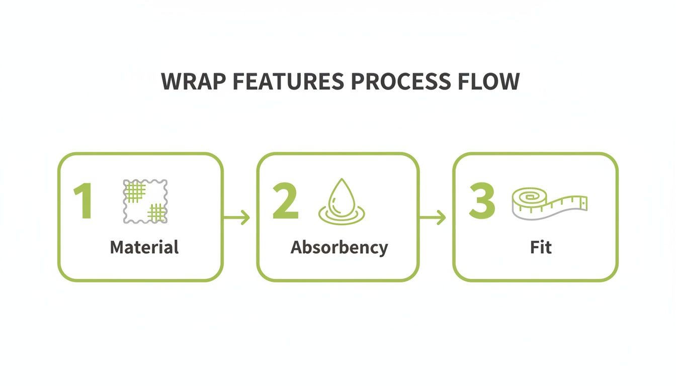 Wrap features process flow diagram showing steps for material, absorbency, and fit.