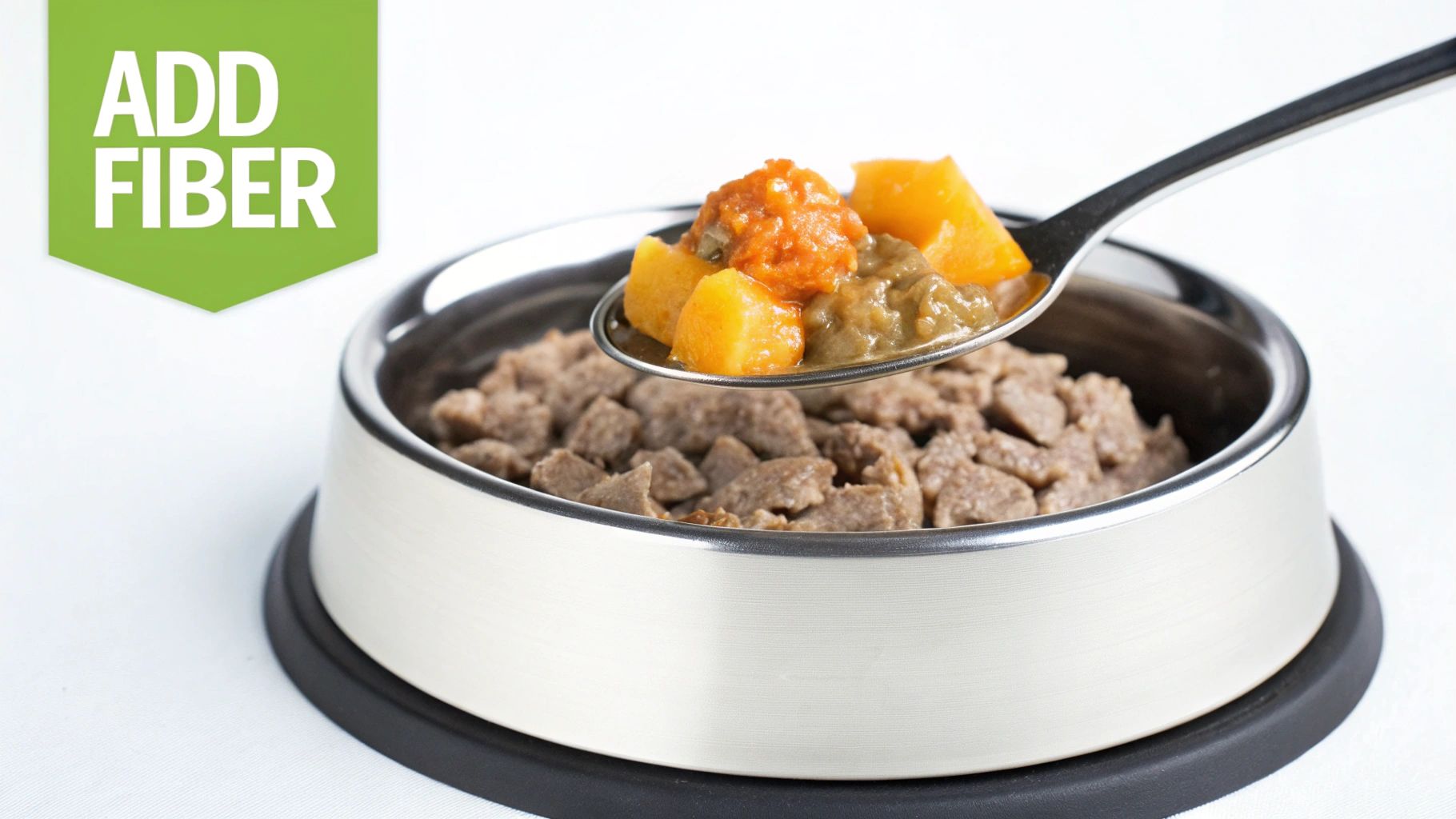 A spoon adds fiber-rich sweet potato and pumpkin puree to wet pet food in a metal bowl.