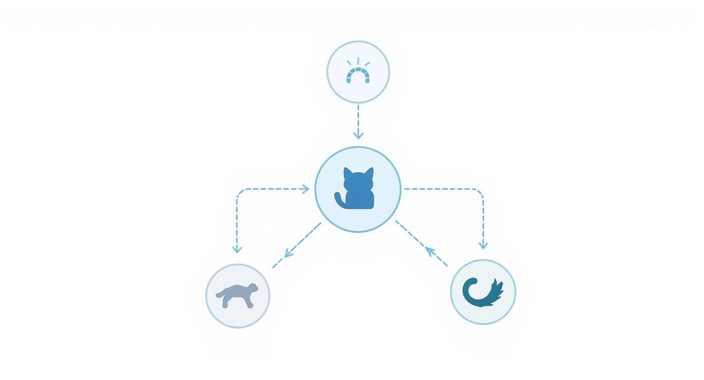 Diagram showing a central cat icon connected by arrows to light, a running cat, and a tail feather.