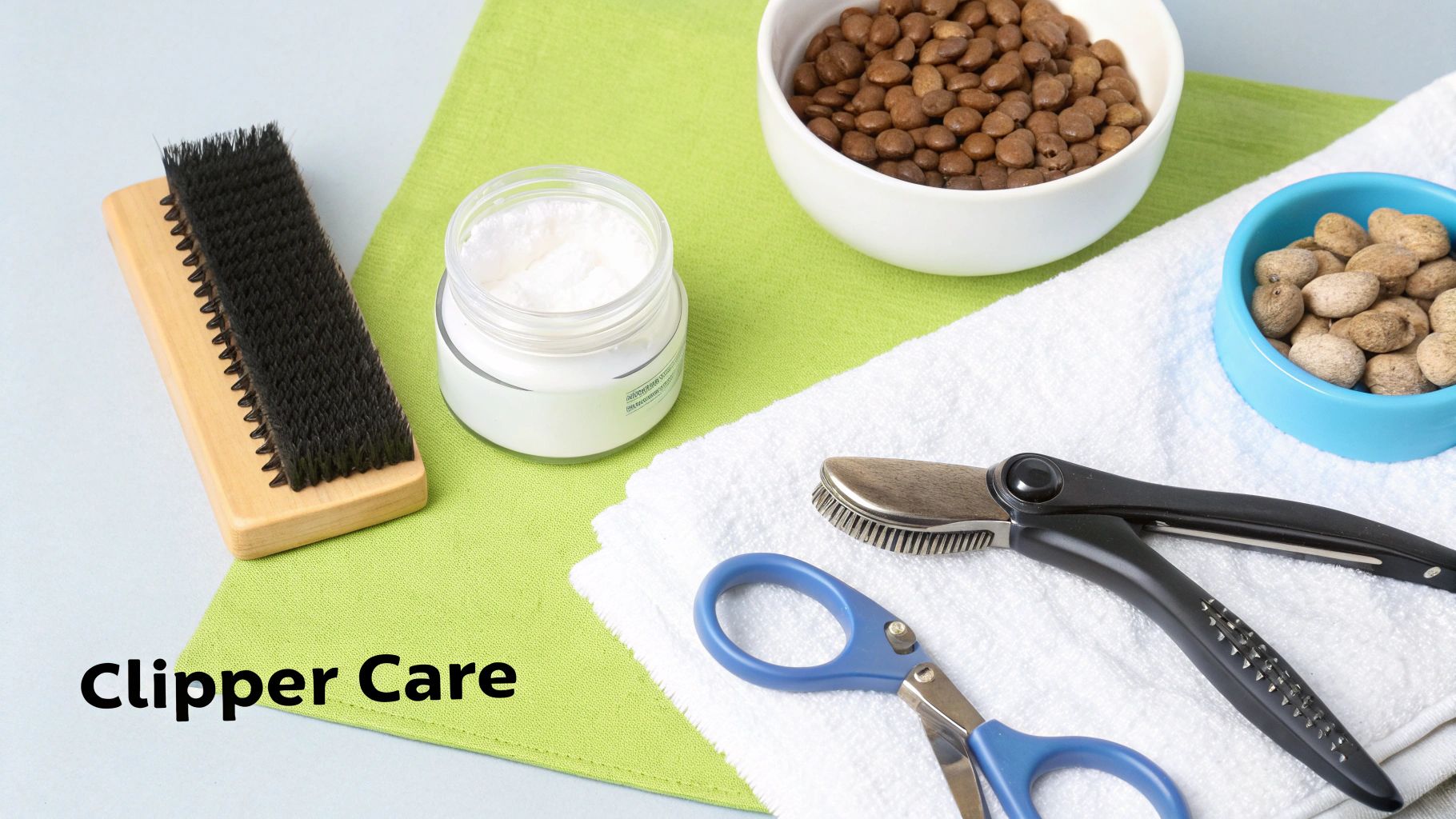 A flat lay of pet grooming tools including a brush, cream, clippers, scissors, and treats.