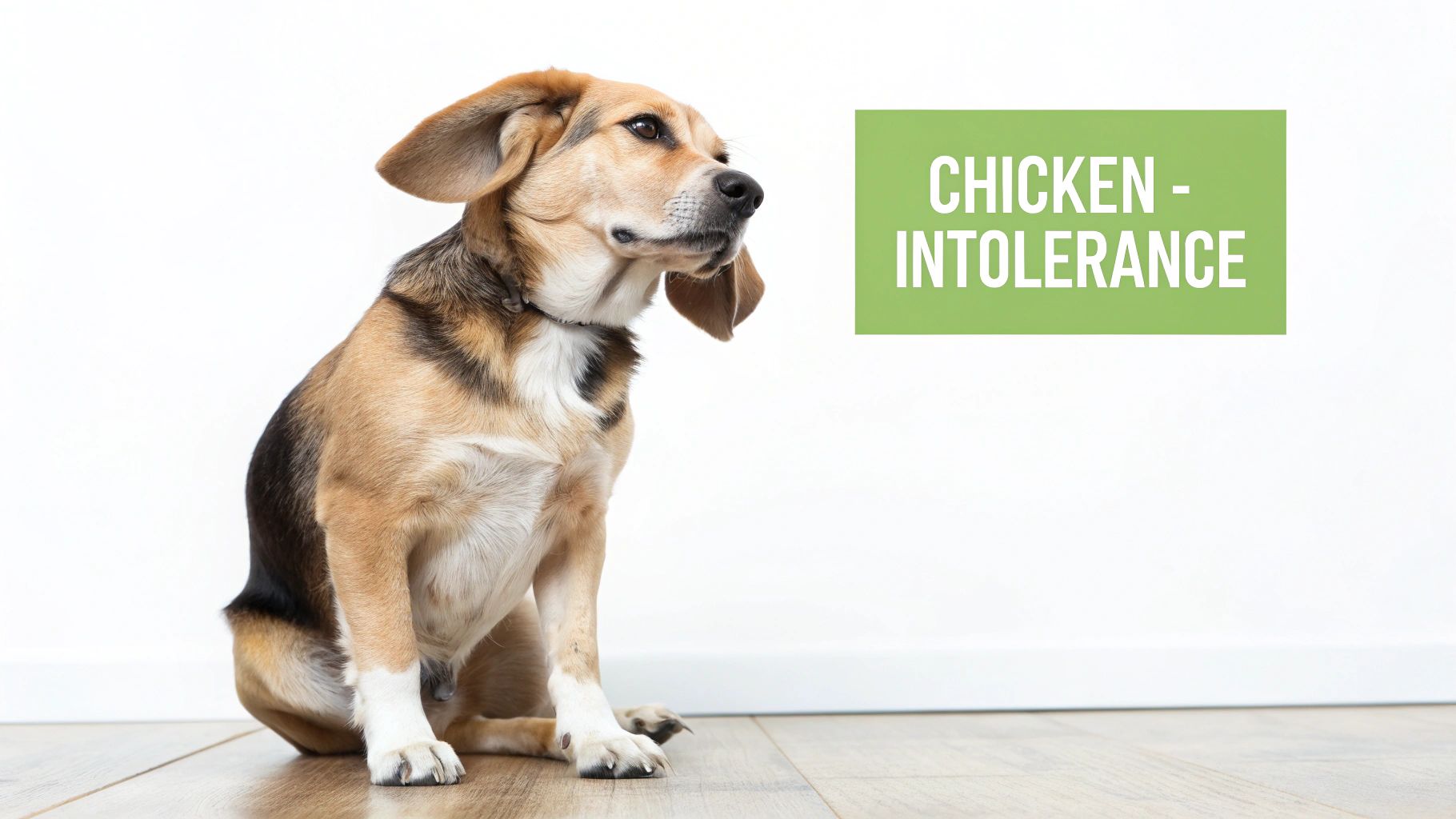 A beagle-mix dog sits on a wooden floor next to a green sign reading "Chicken - Intolerance".