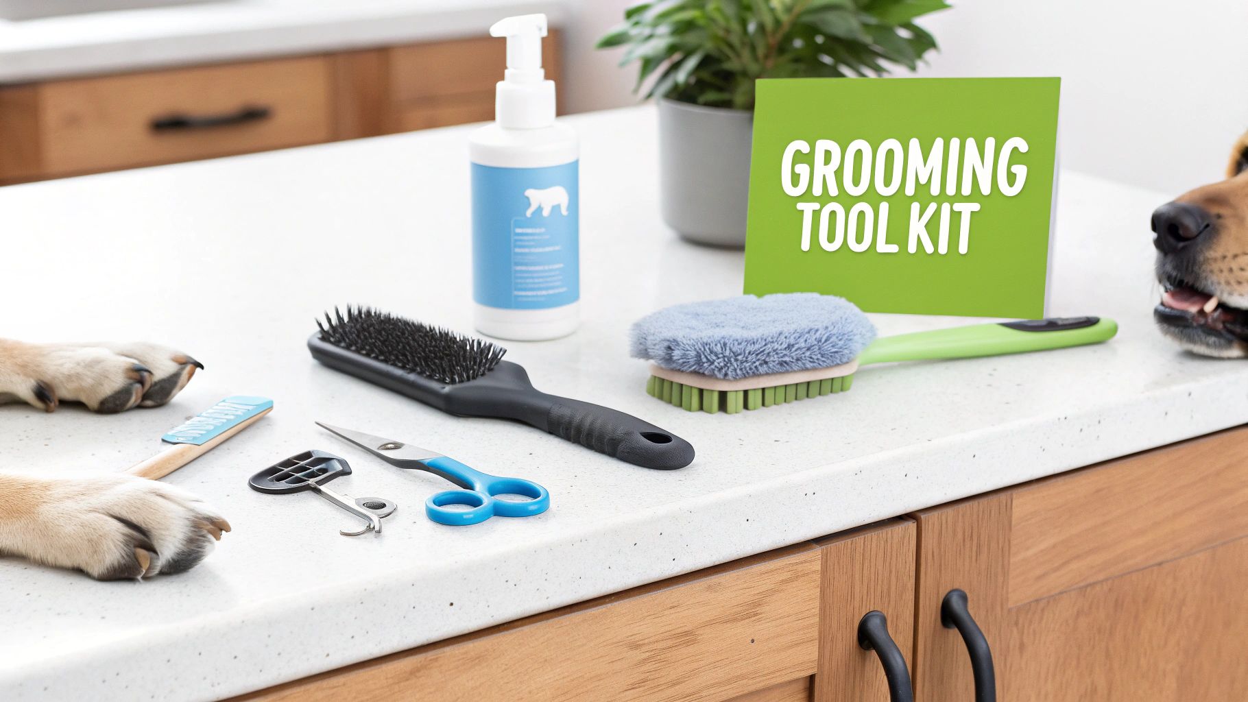 Dog surrounded by various grooming tools like brushes, combs, and clippers.
