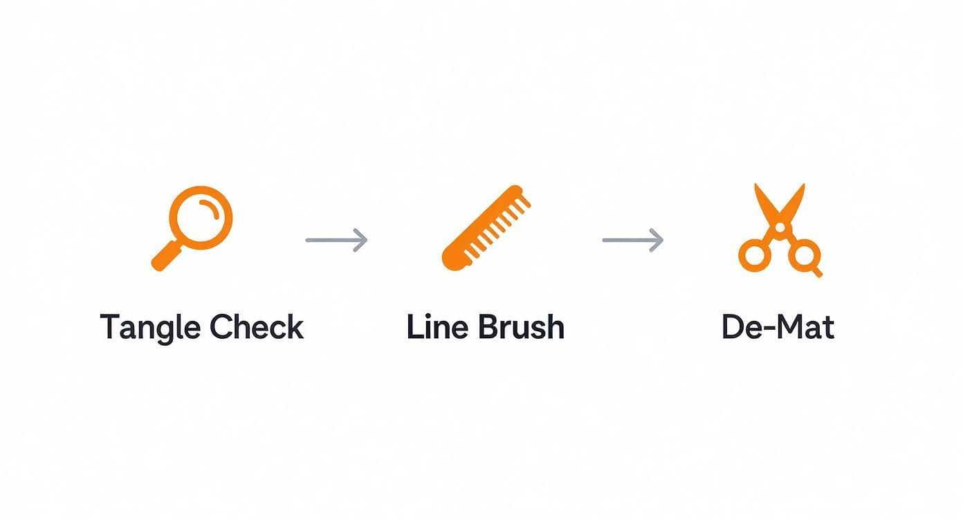 A visual guide illustrating three steps for dog grooming: Tangle Check, Line Brush, and De-Mat.