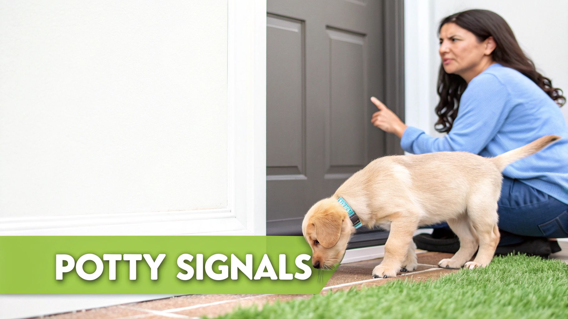 A woman points to a door while a puppy sniffs the ground, demonstrating potty signals.