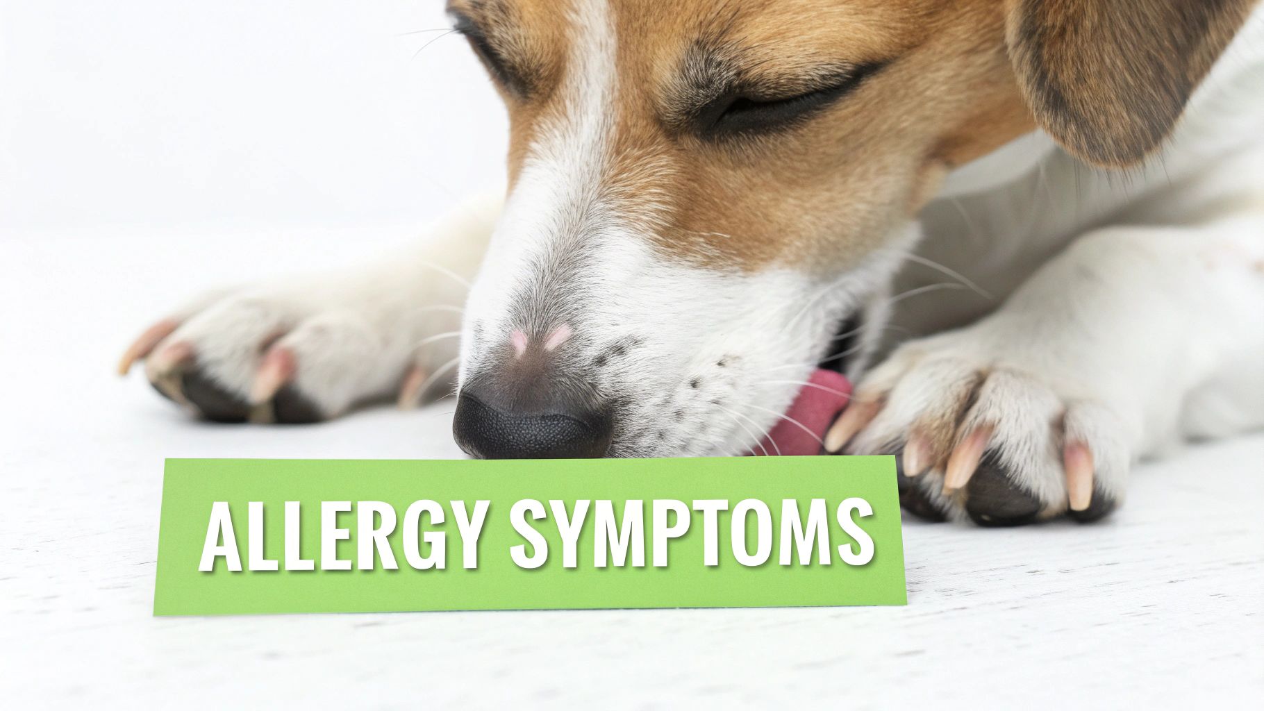 A brown and white dog licking its paw, with "ALLERGY SYMPTOMS" written on a green sign.