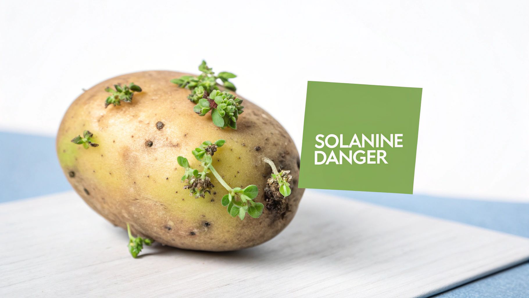 A light brown potato with green sprouts and a warning about solanine danger.