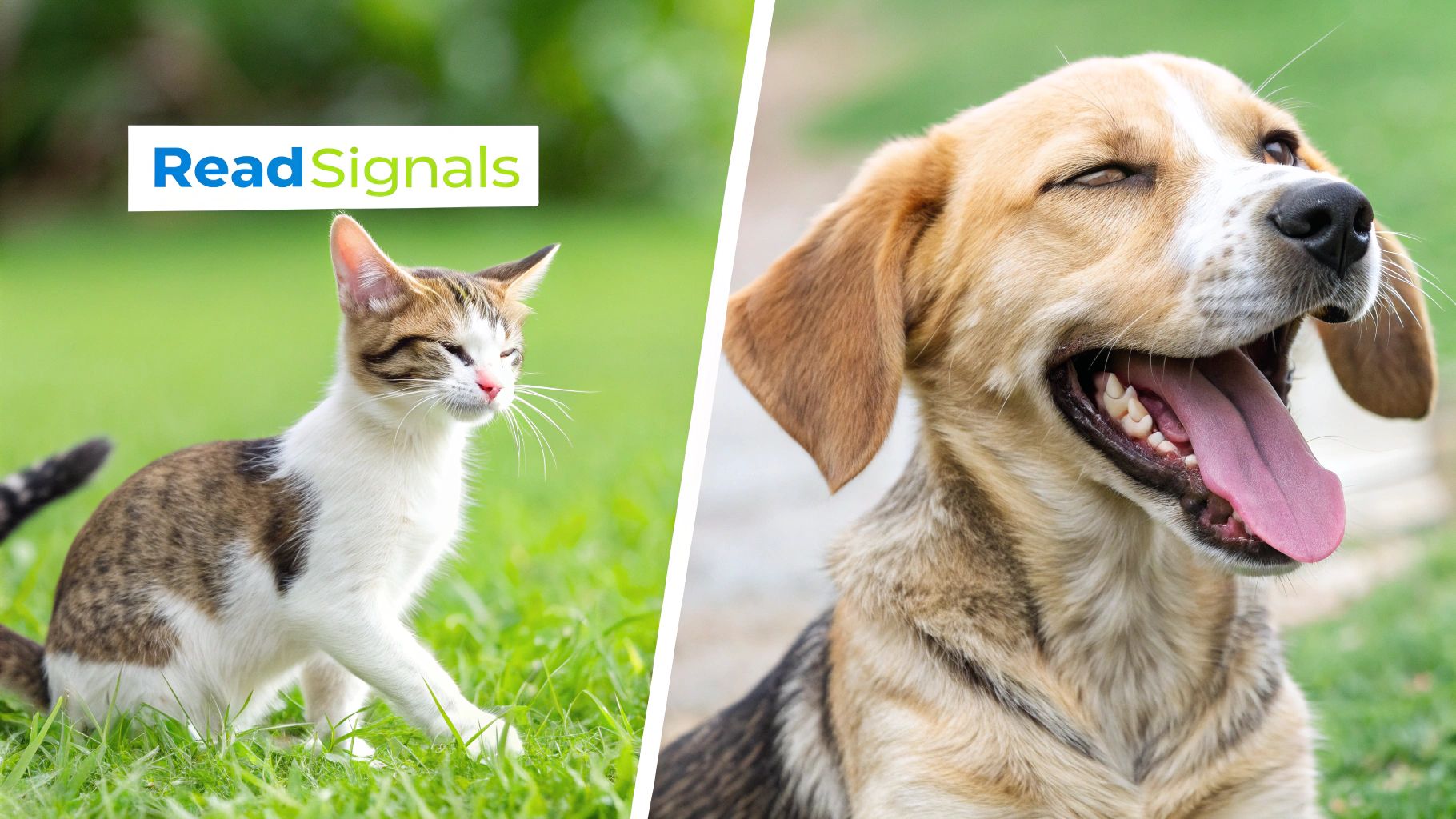 A happy dog with its tongue out next to a walking tabby cat in green grass.