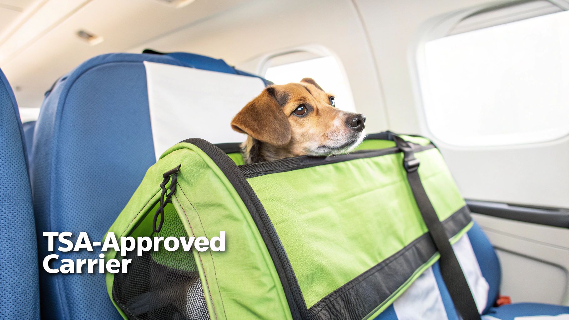 A small dog in a green TSA-approved pet carrier sits comfortably on an airplane seat, looking out.