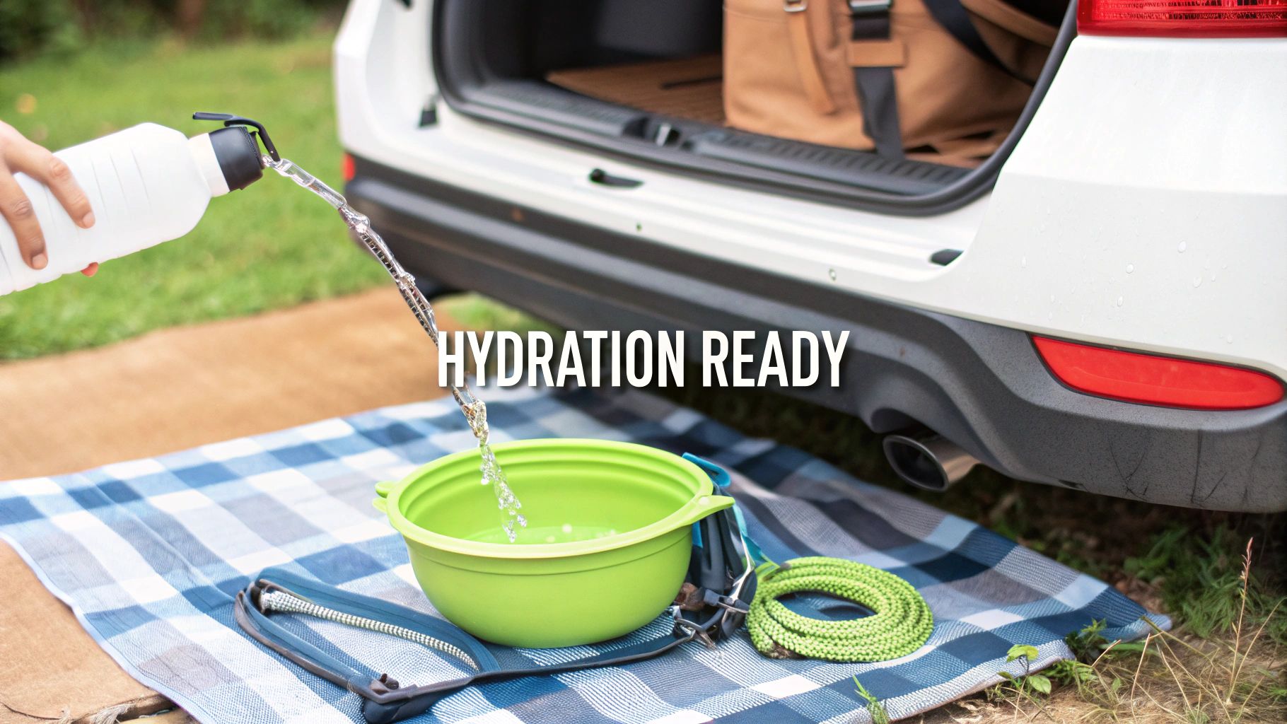 A person pours water into a green pet travel bowl on a plaid blanket by a car, with a leash.
