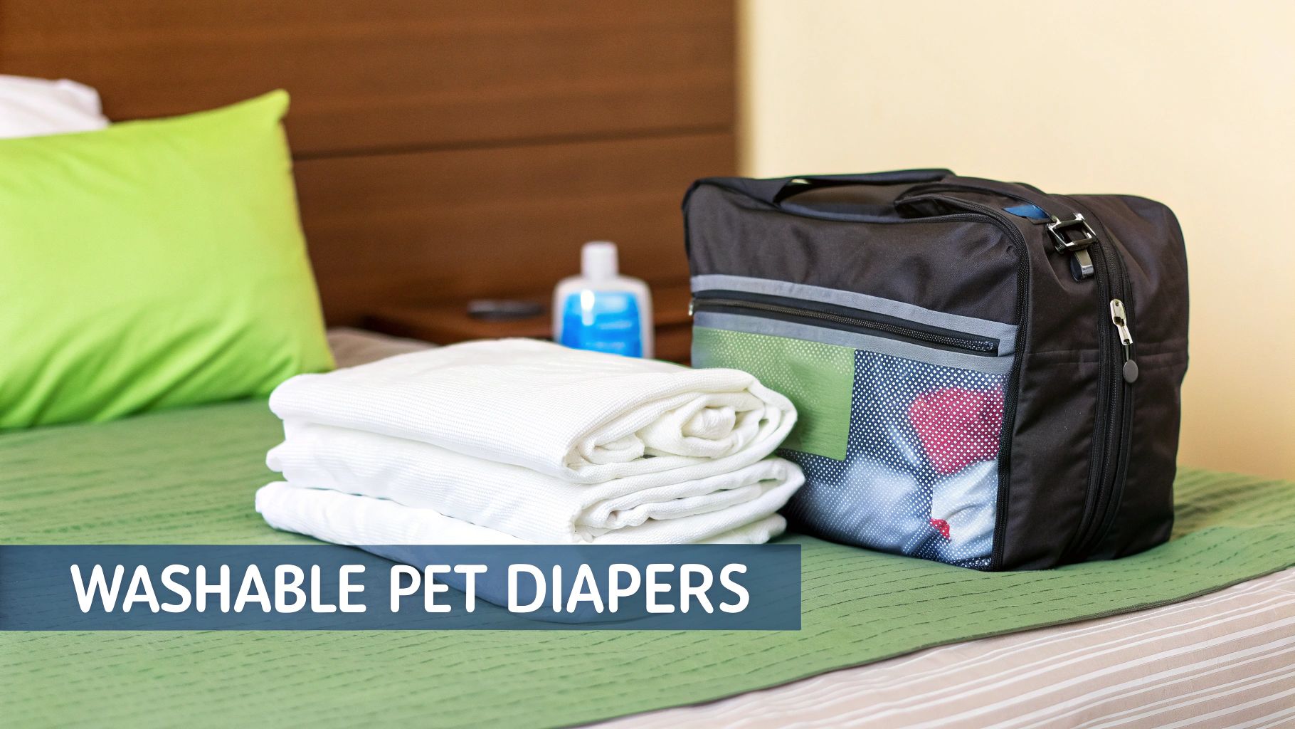 Folded white washable pet diapers and a black travel bag on a green bed, with a lotion bottle.