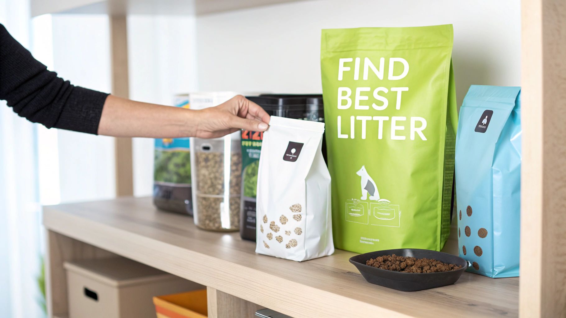 Person selecting cat litter from colorful packages on shelf with food bowl displayed