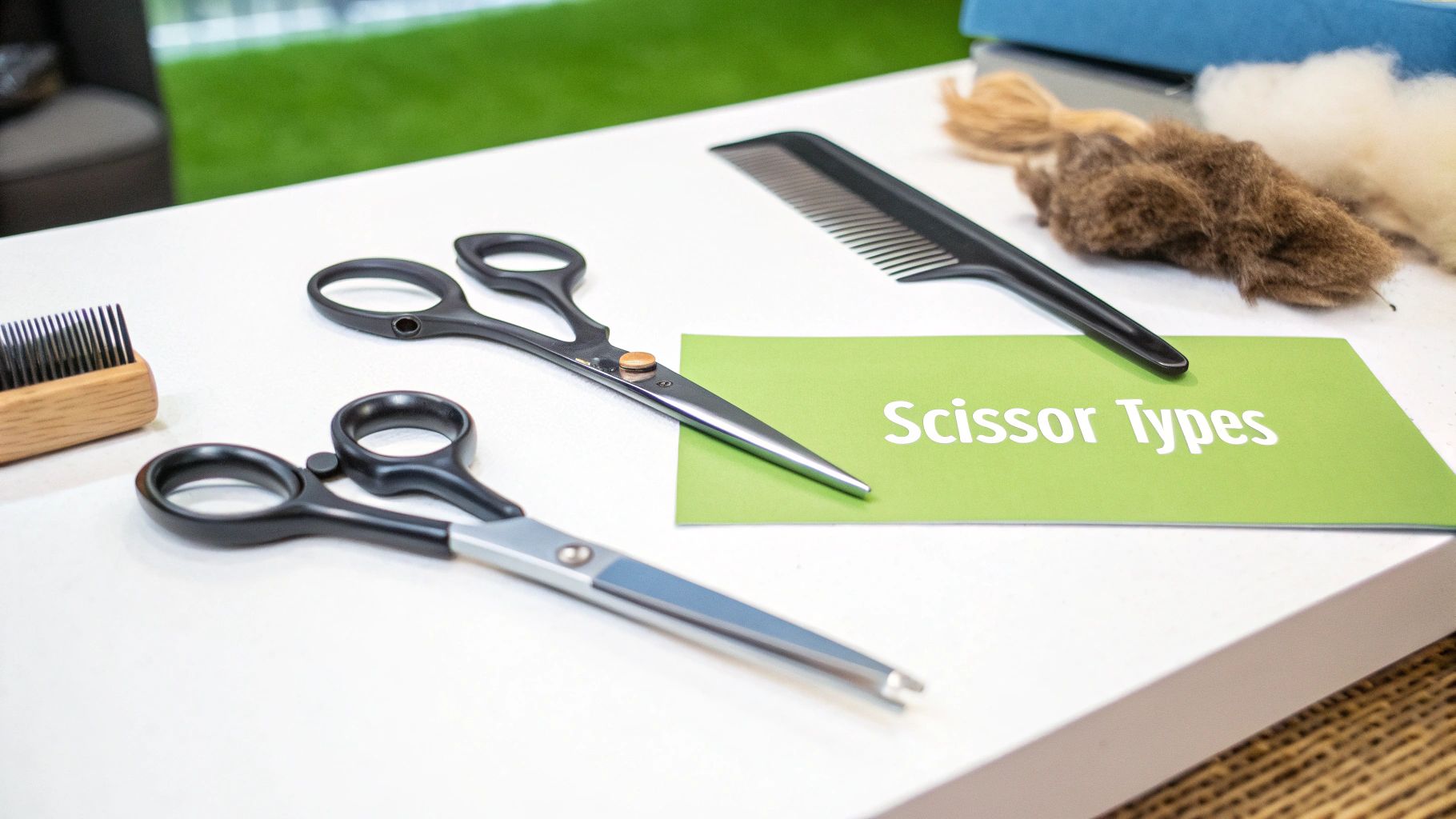 Two pairs of pet grooming scissors, combs, and animal fur samples displayed on a white surface.