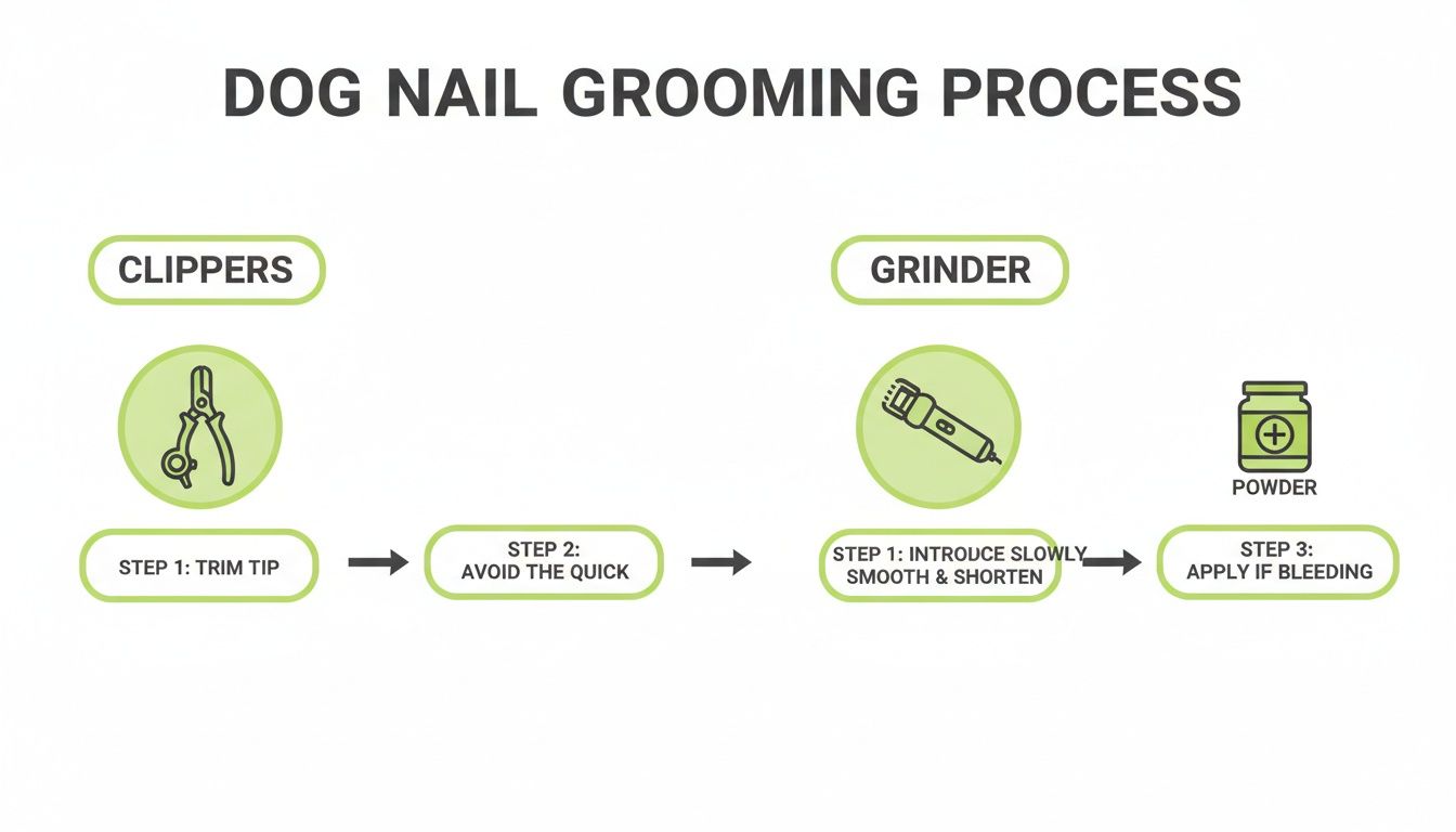 A diagram outlining the dog nail grooming process using clippers, a grinder, and powder.