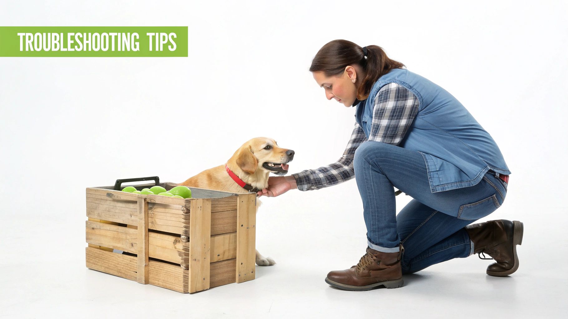 Woman kneeling and petting a happy golden retriever in a wooden crate with green balls, showing troubleshooting tips.