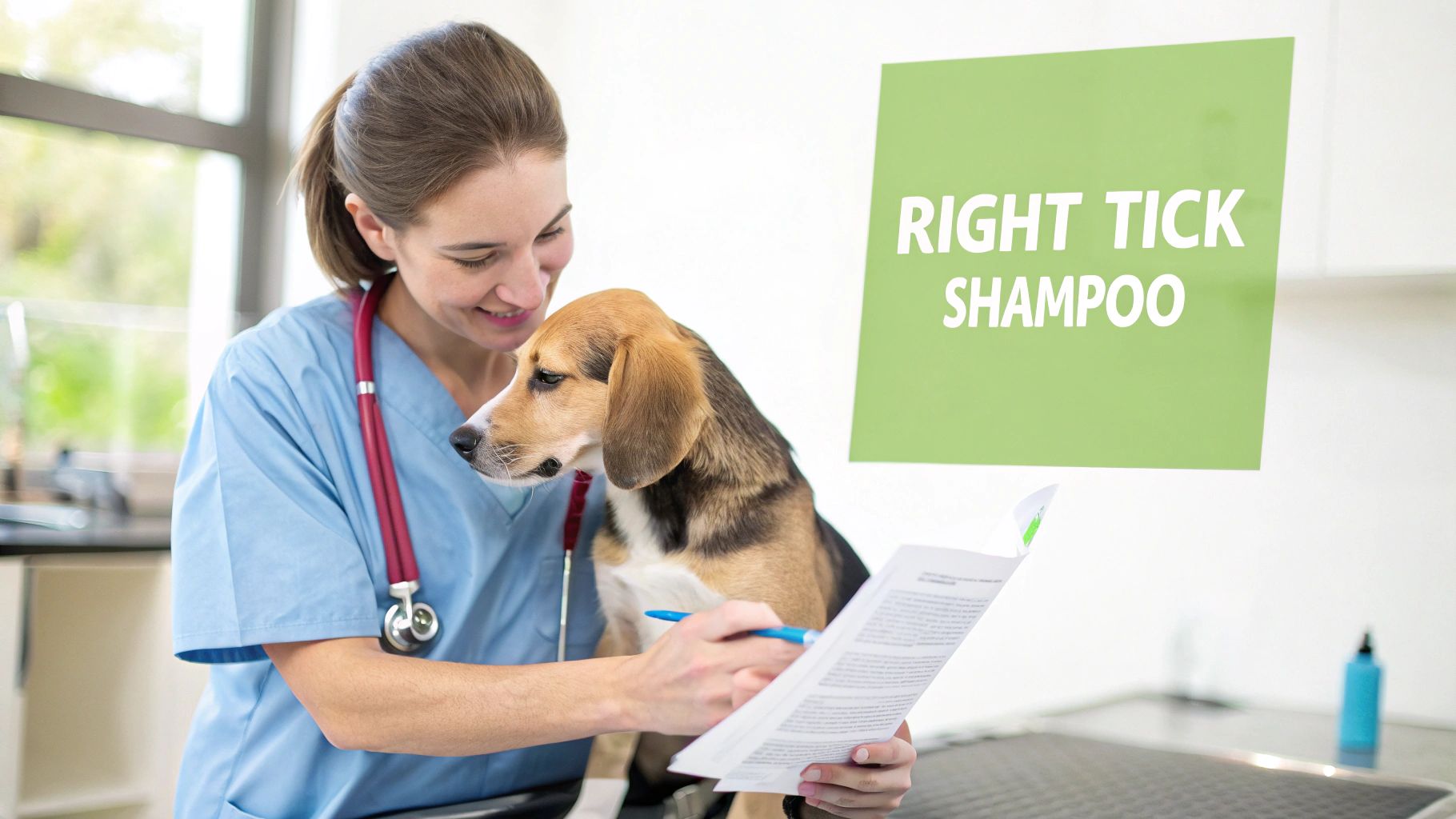 Veterinarian holding beagle puppy while reviewing tick shampoo treatment information in clinic