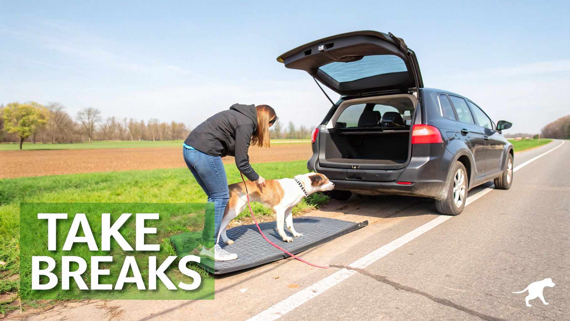 A woman helps a dog get onto a car ramp from a grassy roadside field, taking a travel break.