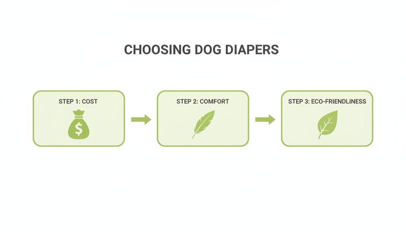 Infographic illustrating the three steps for choosing dog diapers: cost, comfort, and eco-friendliness.
