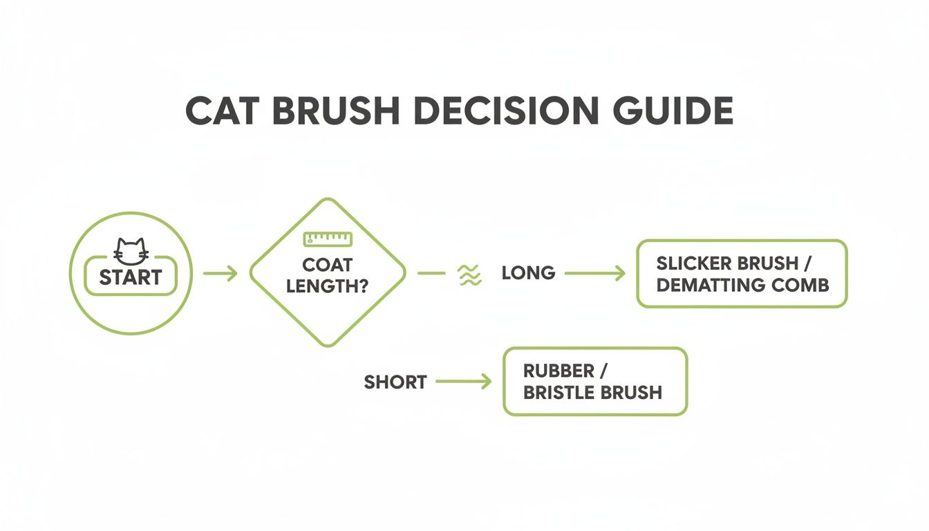 Flowchart guiding cat owners to choose the right brush based on their cat's coat length.
