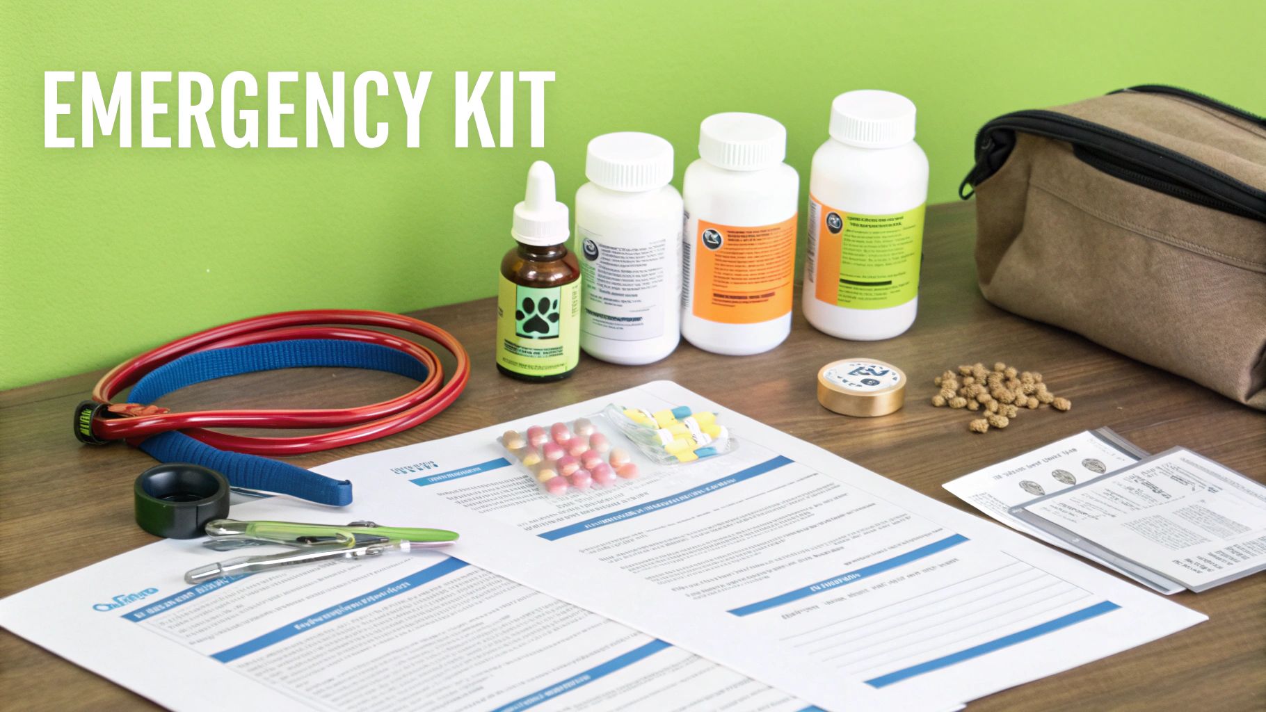 A pet emergency kit with medication, leash, and forms on a wooden table.