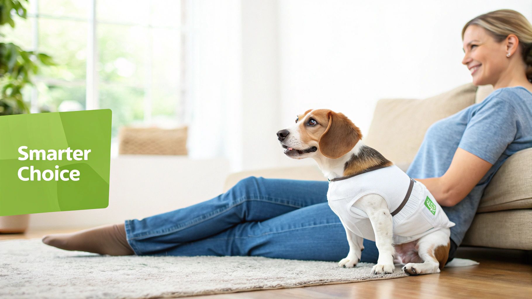 Dog wearing a comfortable, well-fitting washable diaper indoors