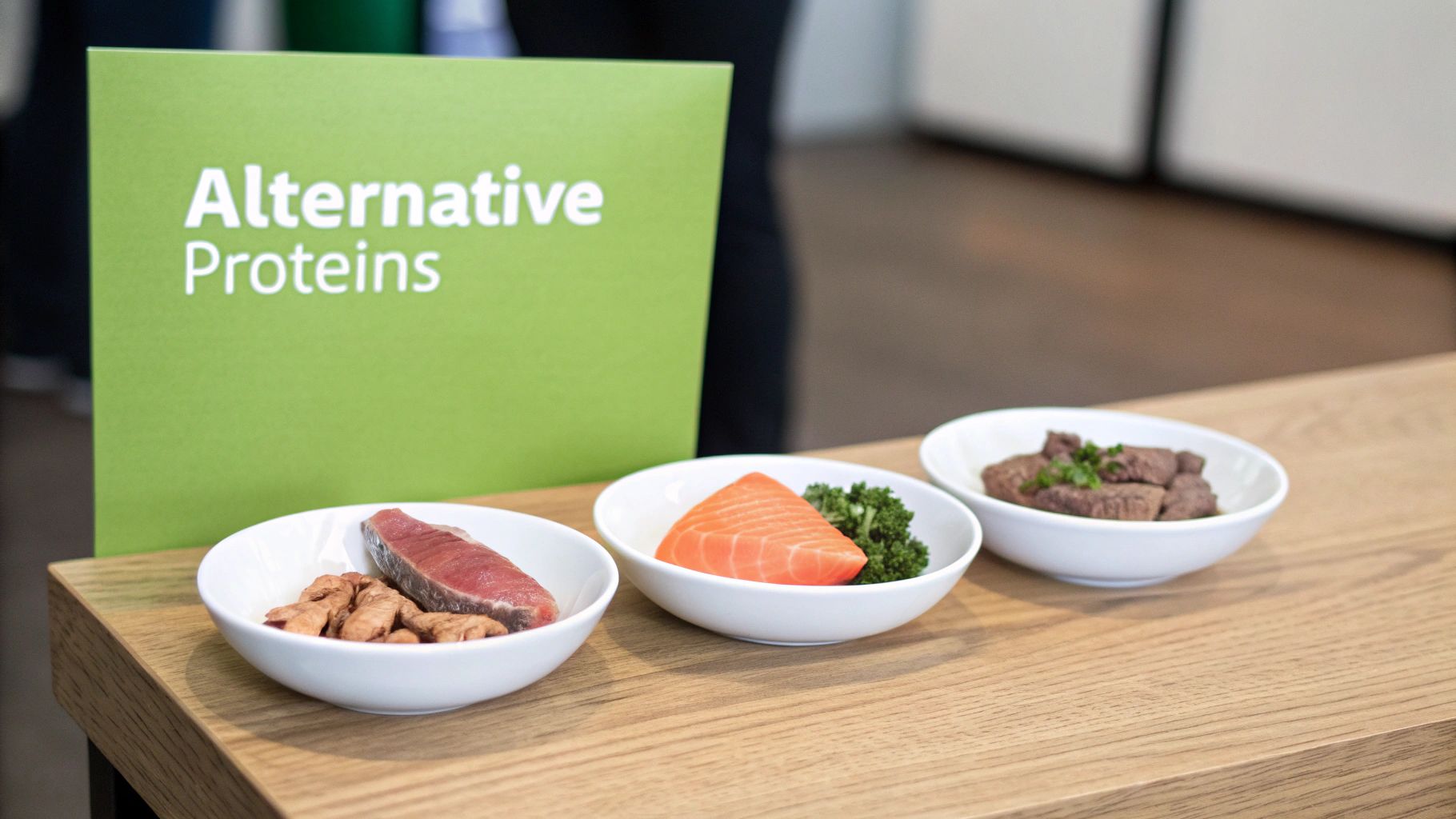 Three bowls showcasing different protein sources, including salmon, tuna, and cooked meat, alongside an 'Alternative Proteins' sign.