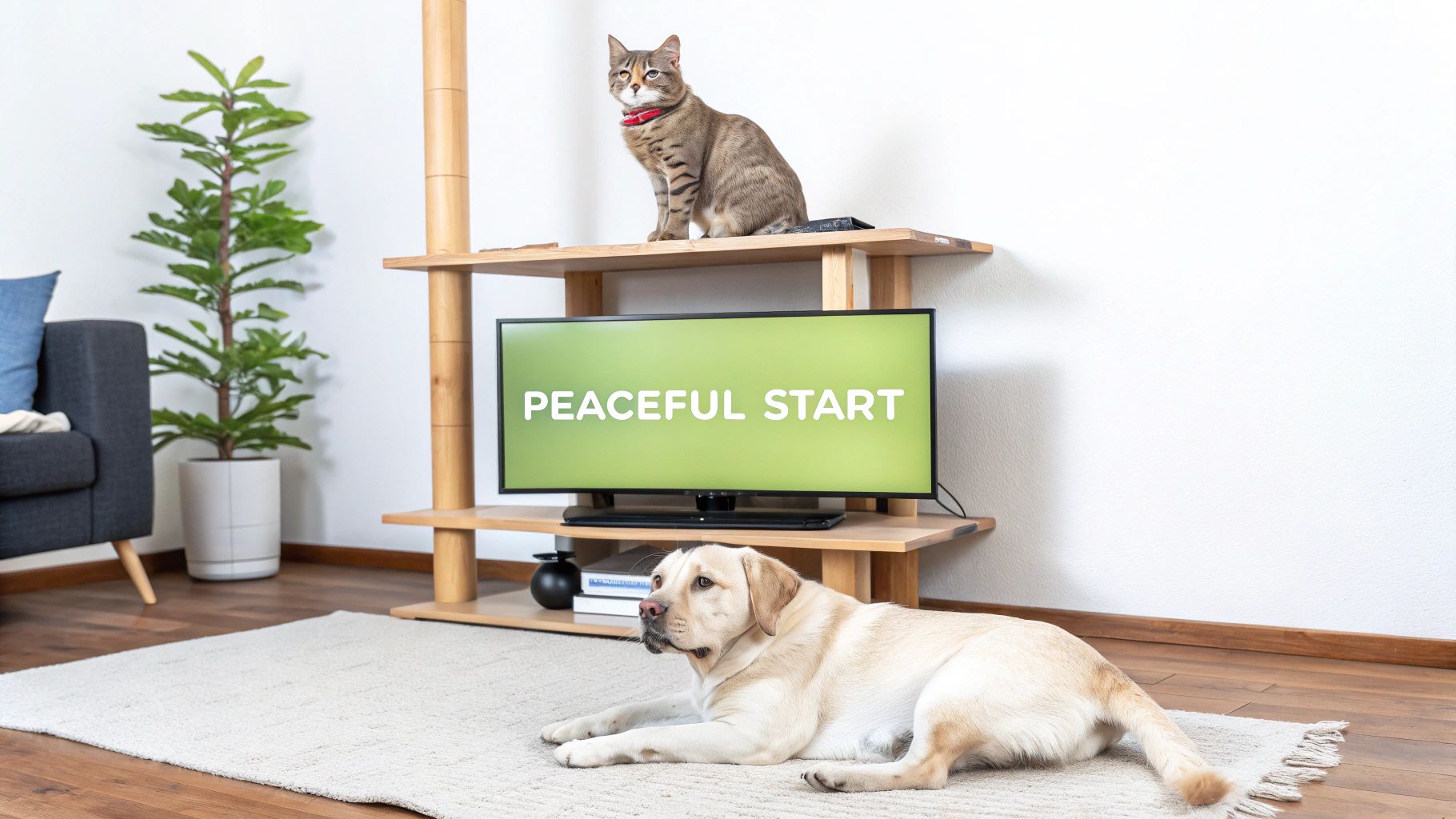 A tabby cat on a shelf and a yellow Labrador dog on a rug with a TV showing 'PEACEFUL START'.