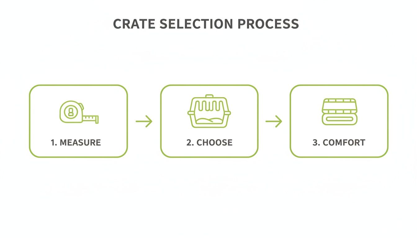 A flowchart outlining the crate selection process with three steps: 1. Measure, 2. Choose a crate, 3. Comfort with bedding.