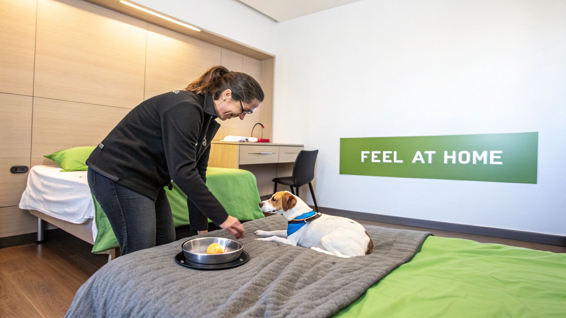 A happy dog sitting on a bed in a sunlit hotel room.