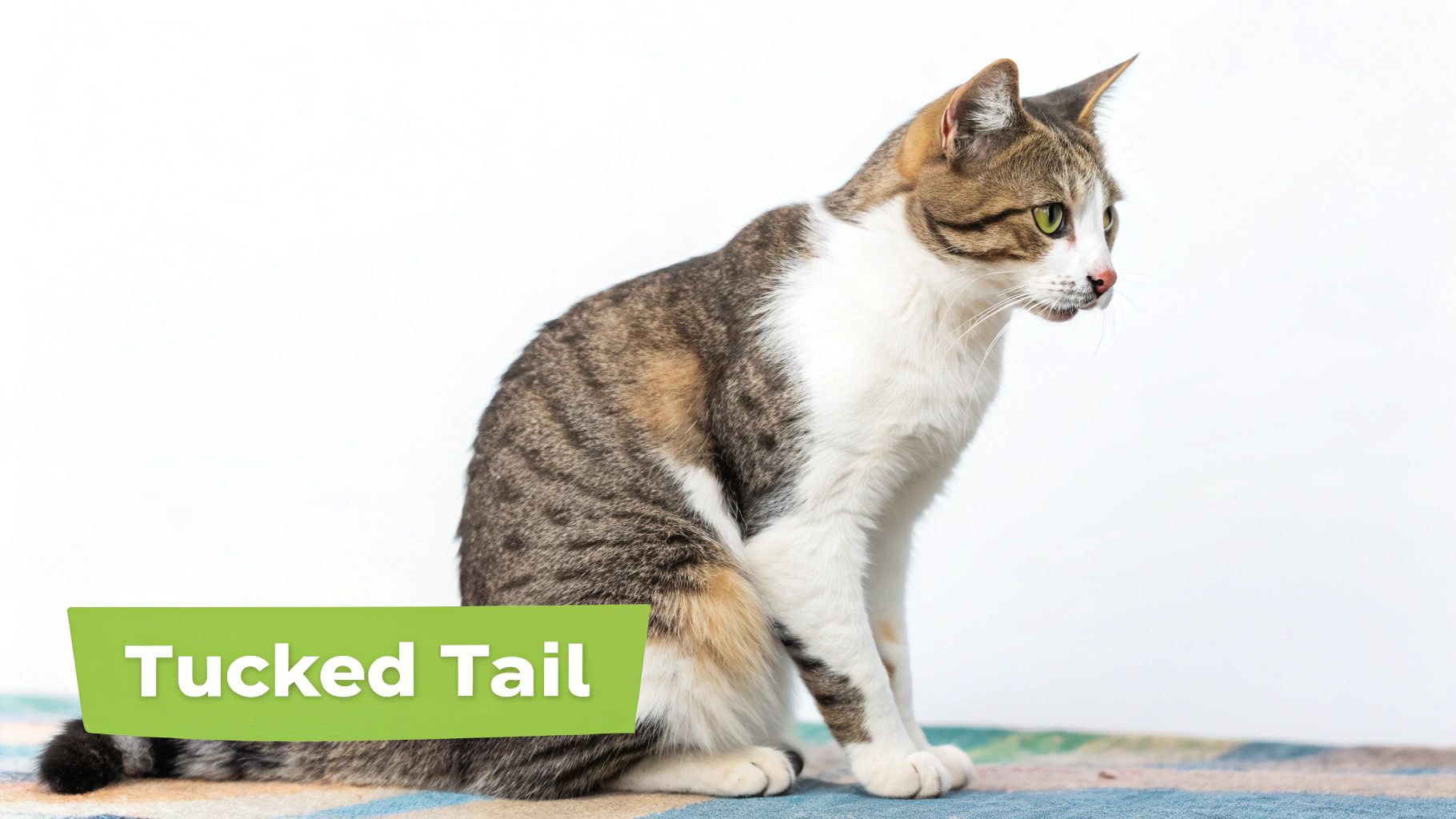 A tabby and white cat sits on a patterned rug with its tail tucked in, looking right.