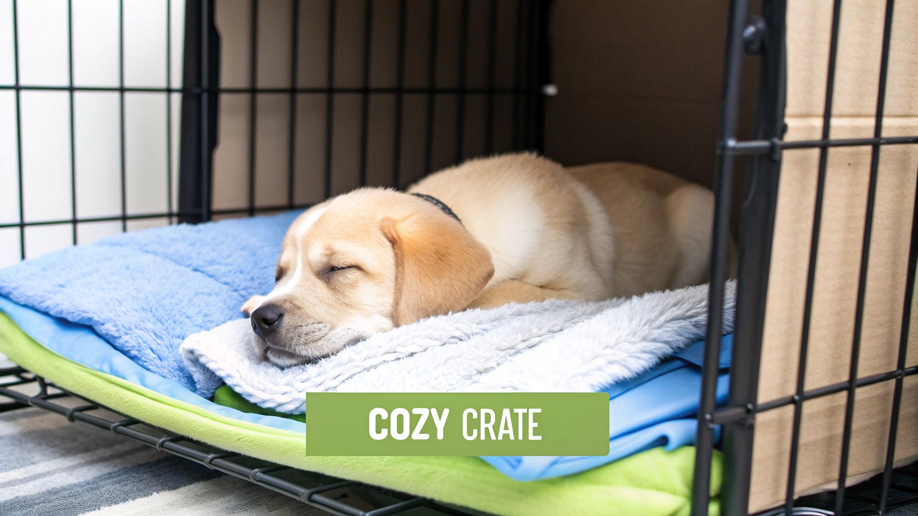 A cute light brown puppy peacefully sleeping in a cozy metal crate on a soft dog bed.