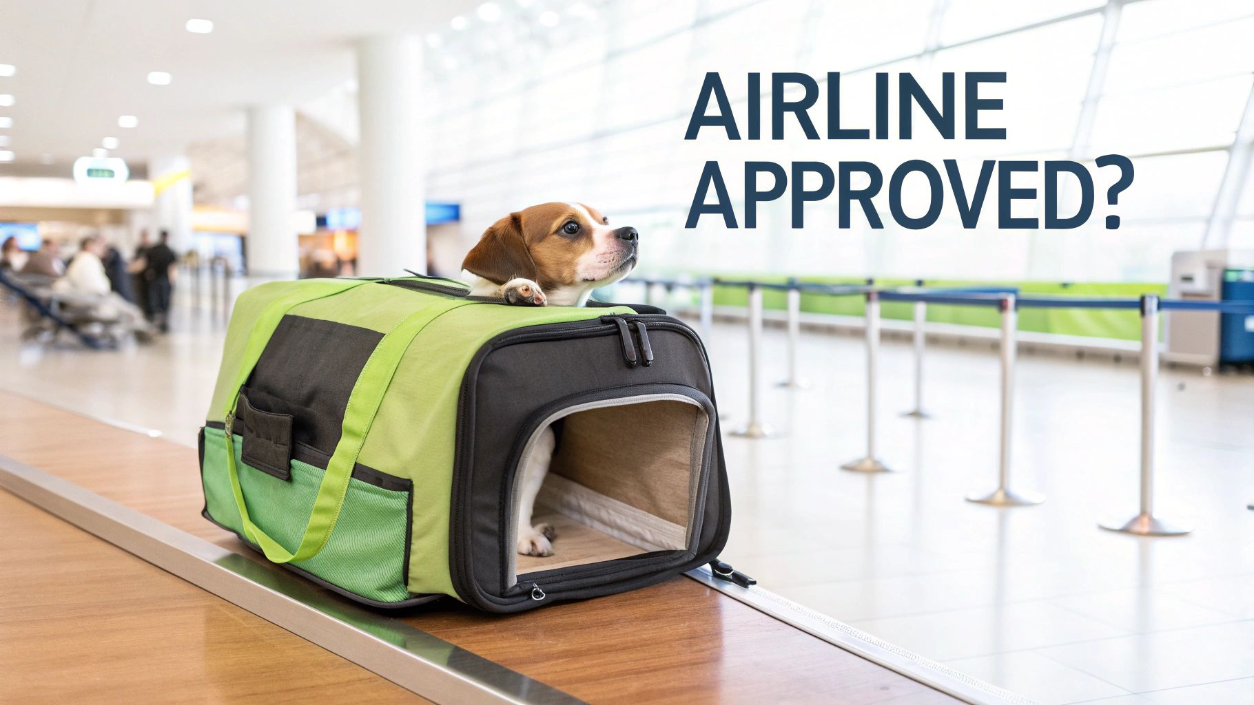 A small dog peeking from a green pet travel carrier at an airport with 'Airline Approved?' text.