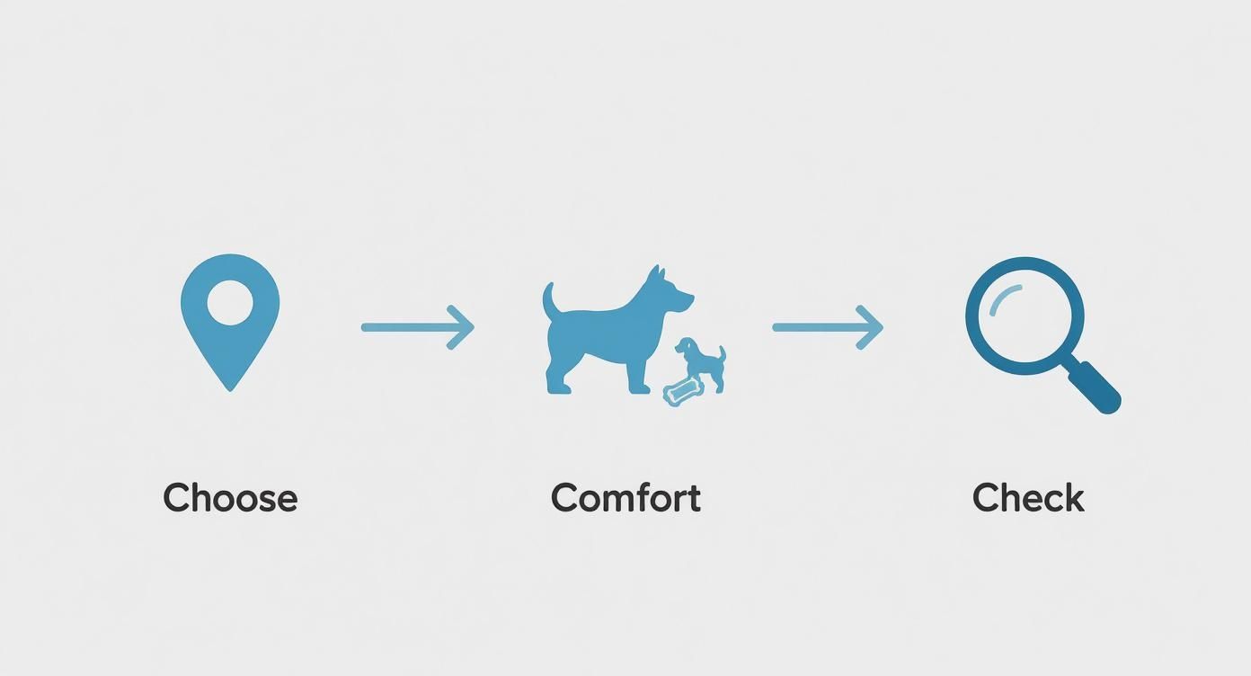 Infographic showing a three-step process for preparing a dog grooming space with icons for choosing a location, providing comfort, and checking the dog.