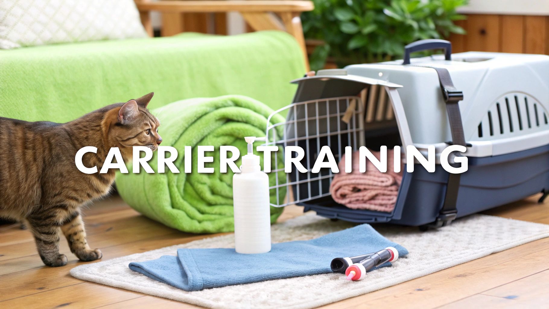 A brown tabby cat stands near an open pet carrier with blankets and pet training supplies, titled 'CARRIER TRAINING'.