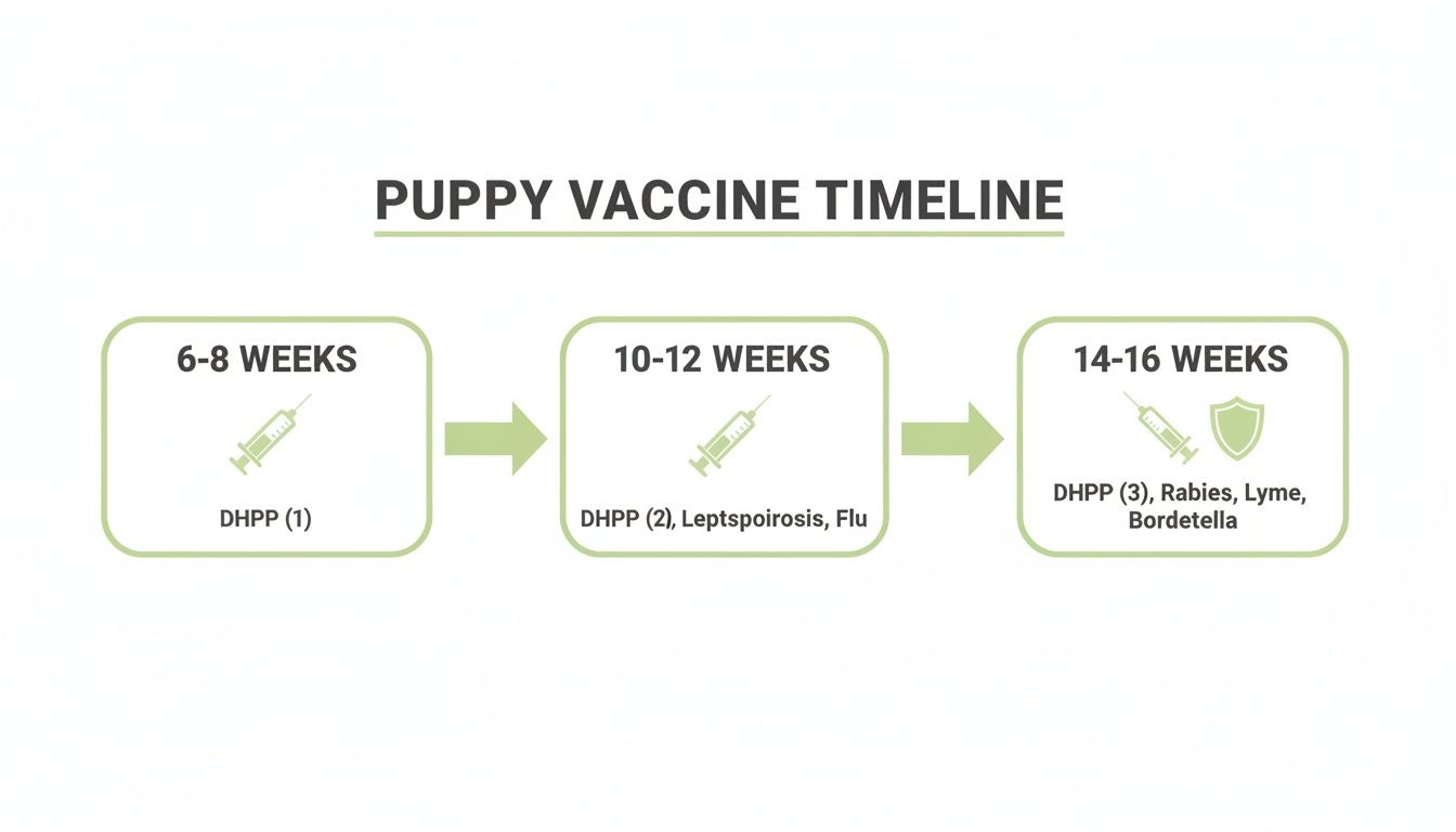 A visual puppy vaccine timeline displaying recommended vaccinations at 6-8, 10-12, and 14-16 weeks.