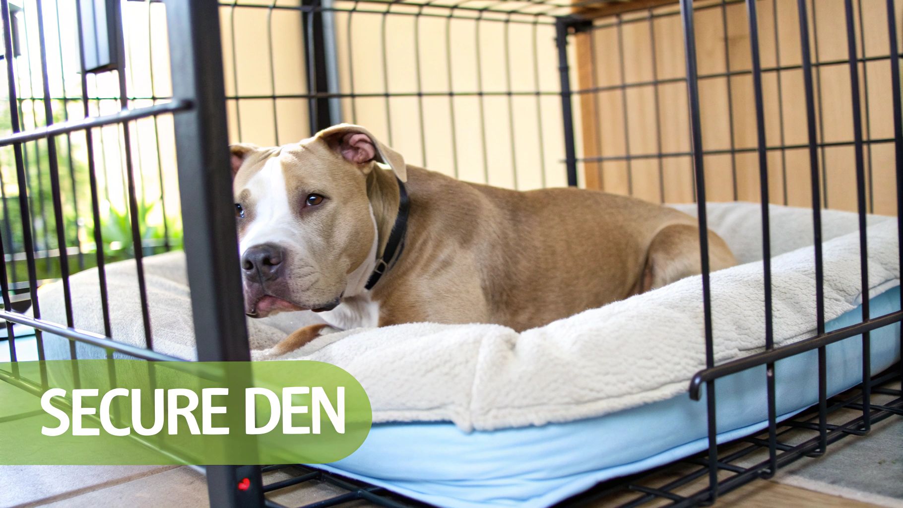 A happy tan and white Pitbull lies comfortably on a soft bed inside a secure dog crate.