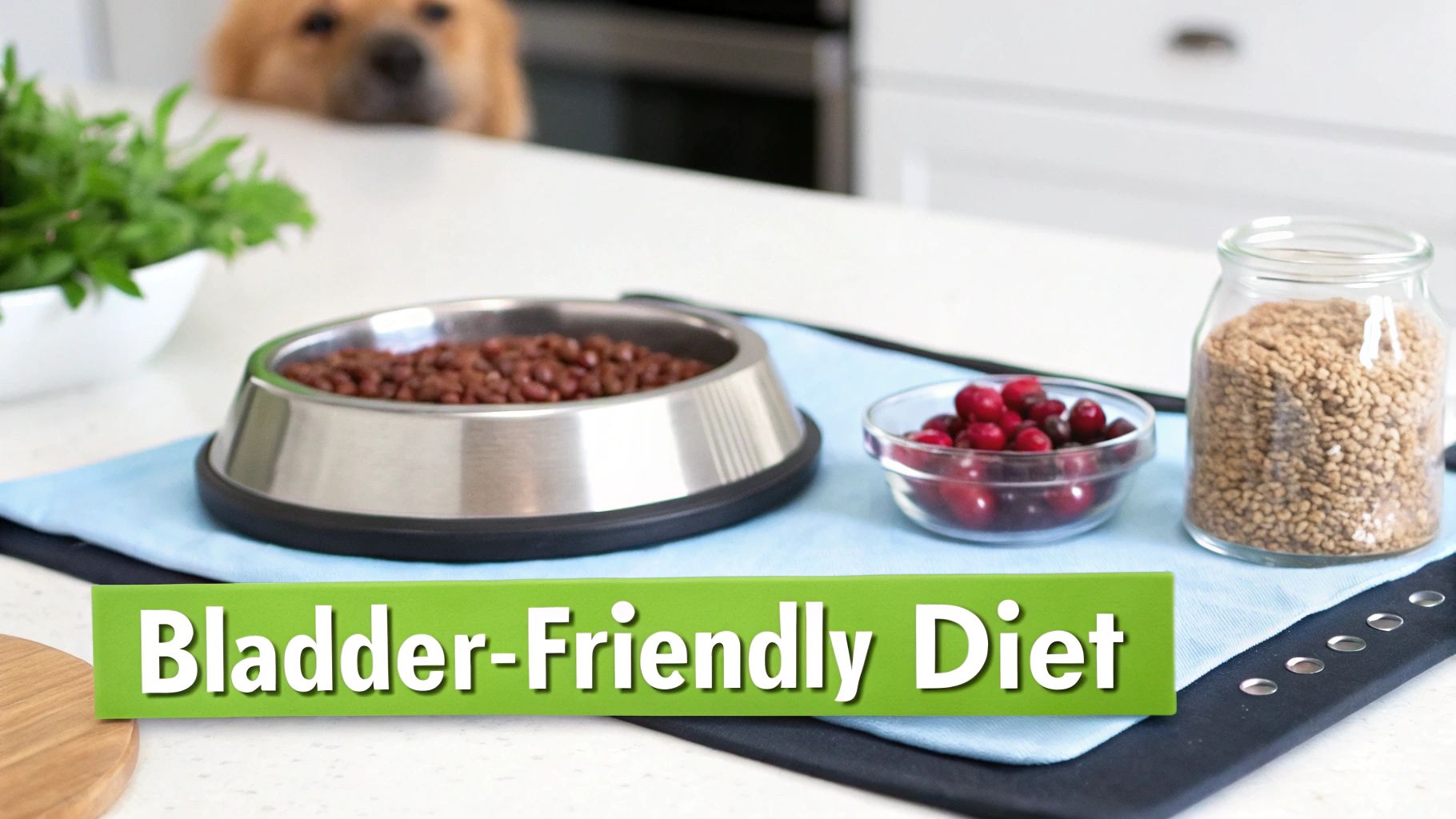 A golden dog peeks at a bowl of kibble, cranberries, and grains, with a 'Bladder-Friendly Diet' banner.