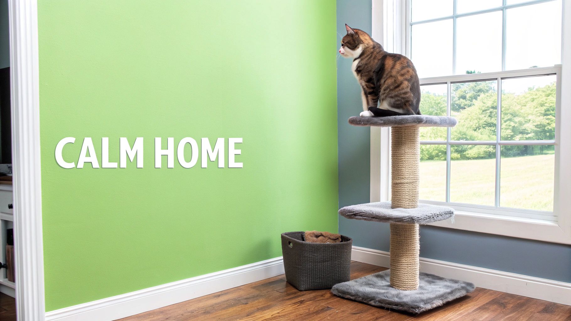 A calico cat sits on a gray cat tree perch, looking out a window in a calm home.