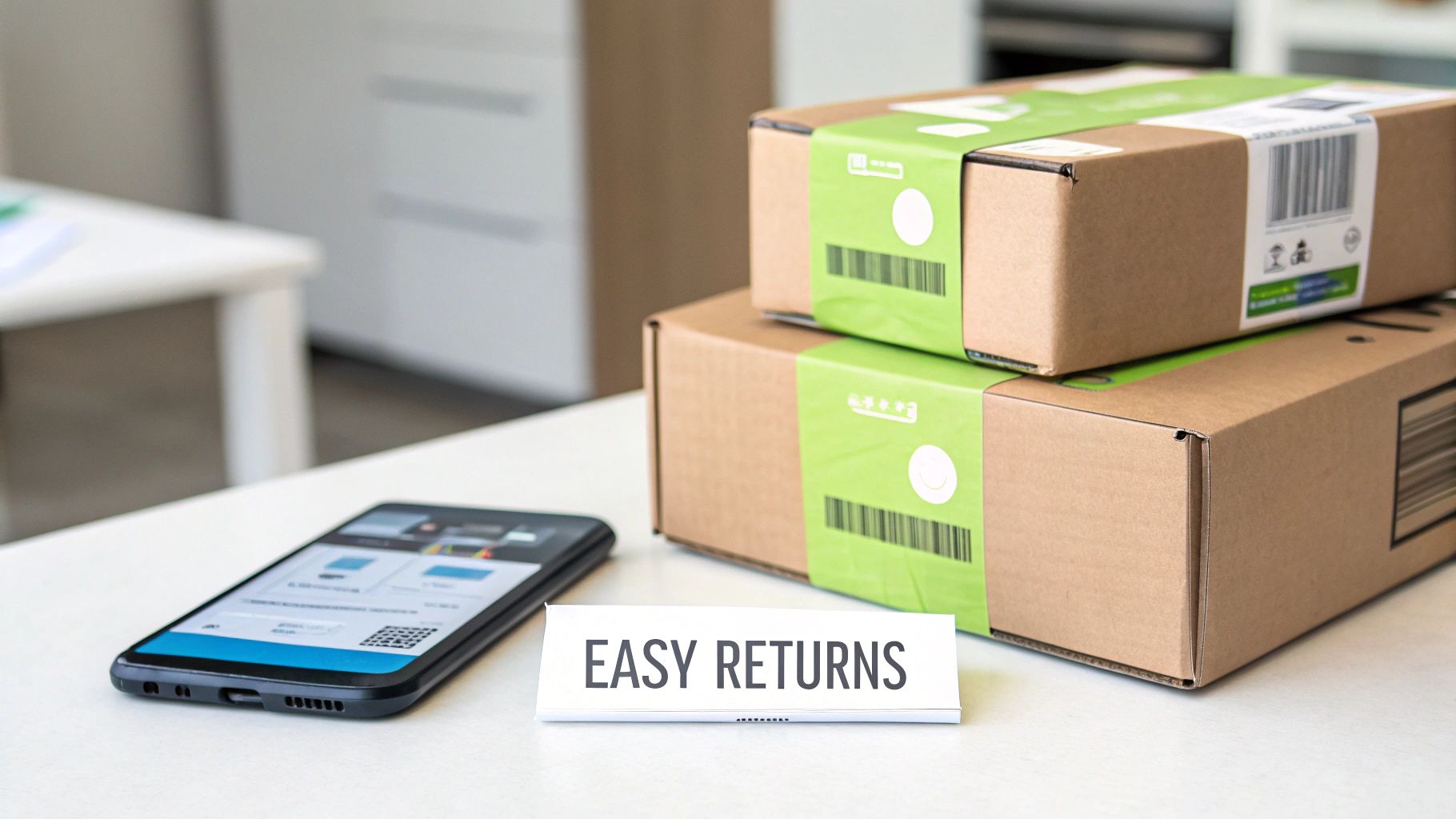 Two stacked packages with a smartphone and an 'EASY RETURNS' sign on a table, highlighting convenient returns.
